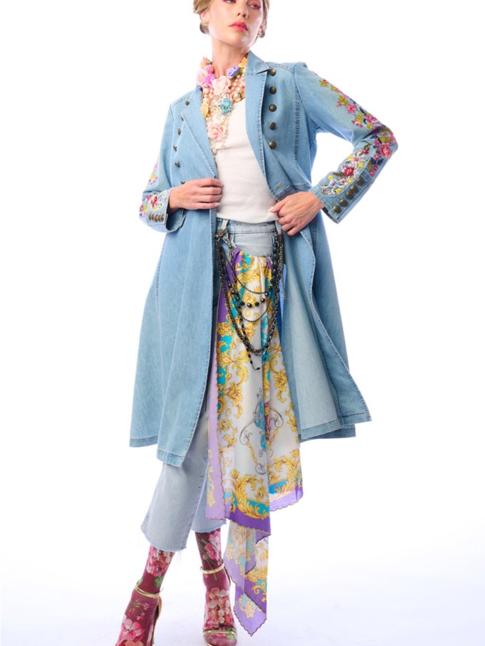 Aratta Light Blue Denim Embroidered Trench Coat